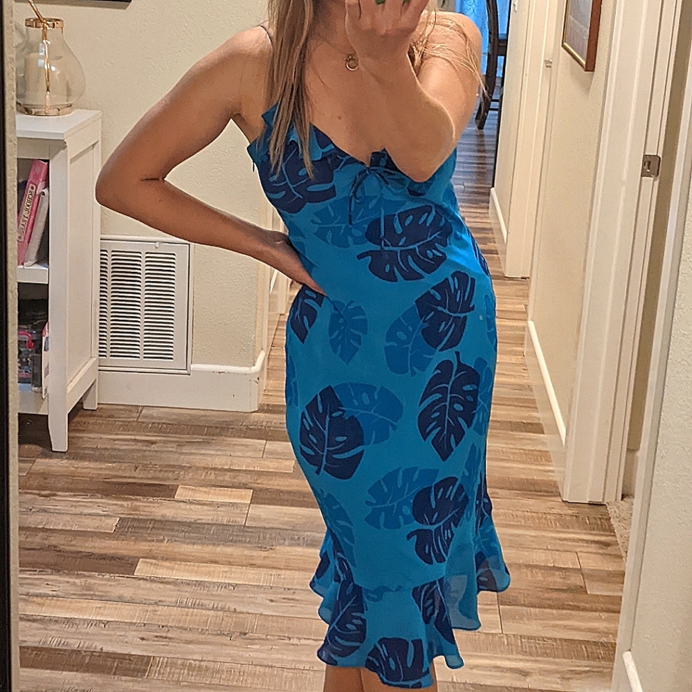 00s vintage ruffle front tropical dress y2k